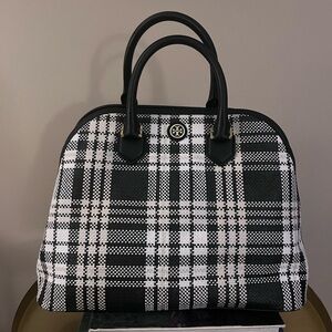 Brand new Tory Burch Robinson Large Woven Plaid Leather Zip Satchel Tote